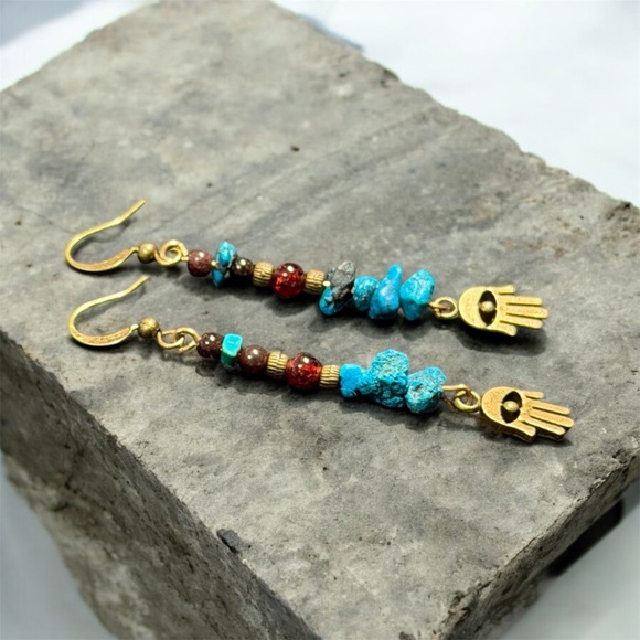 Handcrafted Garnet and Turquoise Hamsa Earrings - Picture 4 of 10